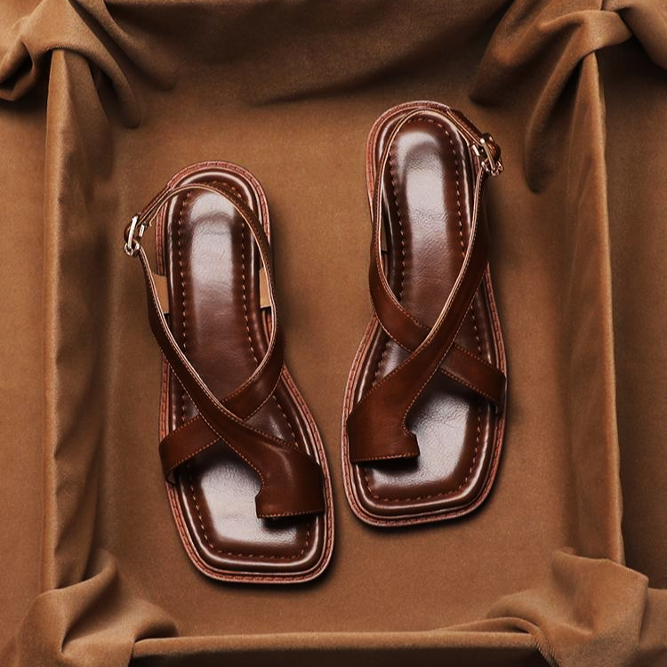Women's Leather Sandal – Cross-Strap Low Heel