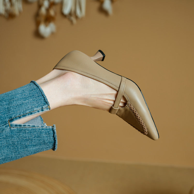 Women's Leather Pointed Toe Pumps – Braided Strap Kitten Heel