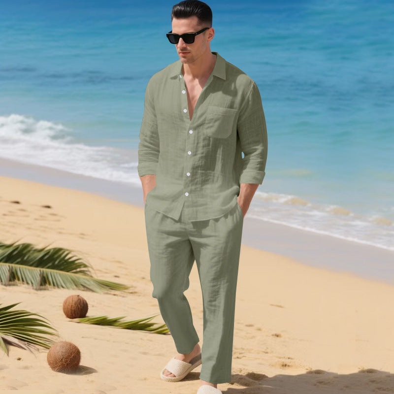 Men's Linen Shirt and Pants Set – Open Collar Relaxed Fit