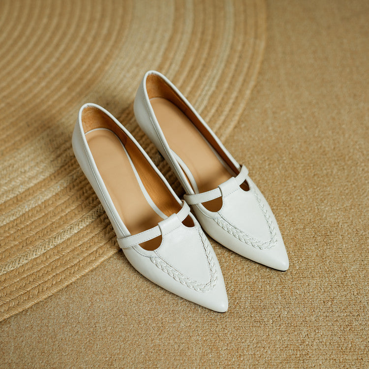 Women's Leather Pointed Toe Pumps – Braided Strap Kitten Heel