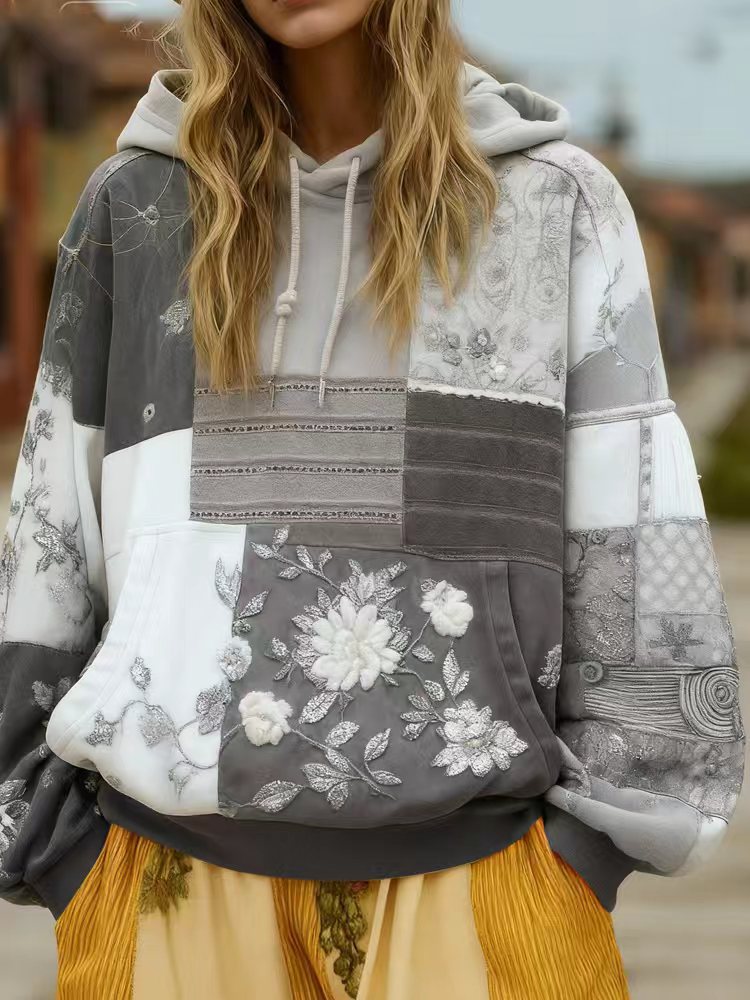 Women's Patchwork Hoodie – Floral Embroidered Appliqué