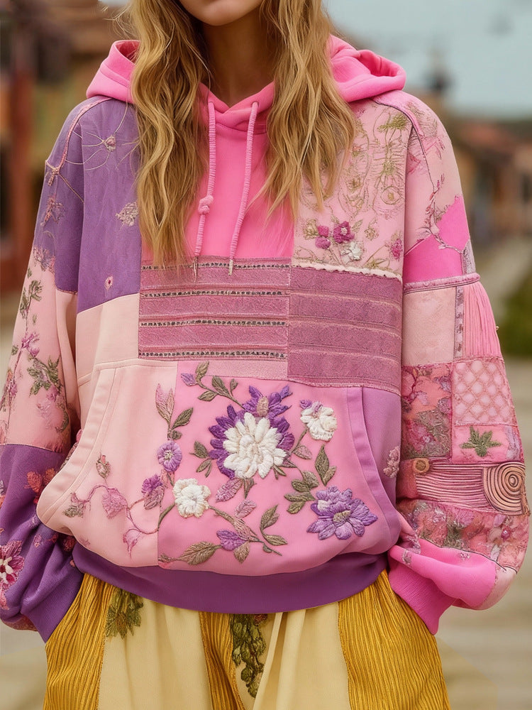 Women's Patchwork Hoodie – Floral Embroidered Appliqué