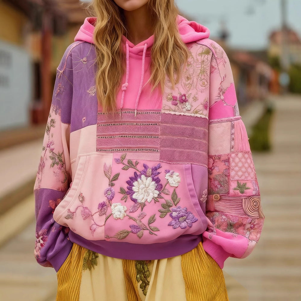 Women's Patchwork Hoodie – Floral Embroidered Appliqué