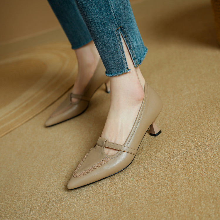 Women's Leather Pointed Toe Pumps – Braided Strap Kitten Heel