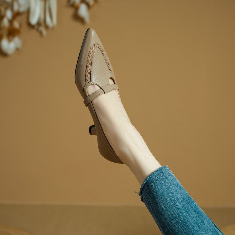 Women's Leather Pointed Toe Pumps – Braided Strap Kitten Heel