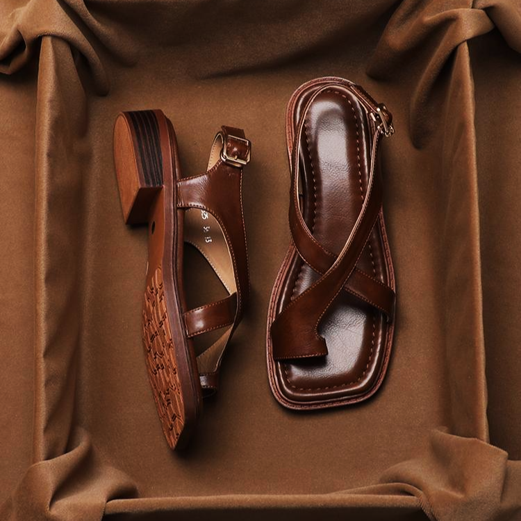 Women's Leather Sandal – Cross-Strap Low Heel