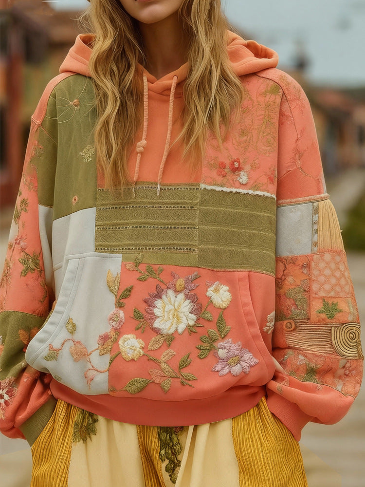 Women's Patchwork Hoodie – Floral Embroidered Appliqué