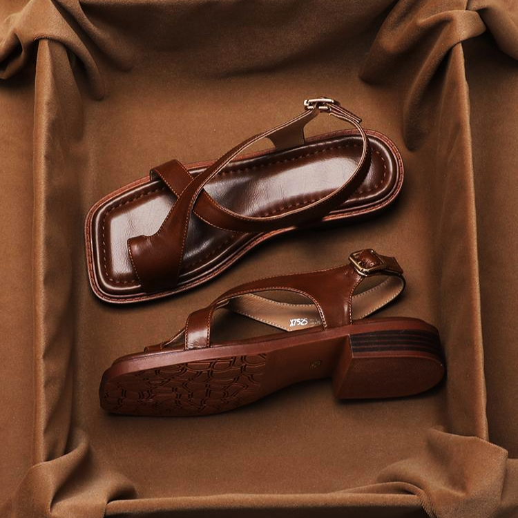 Women's Leather Sandal – Cross-Strap Low Heel