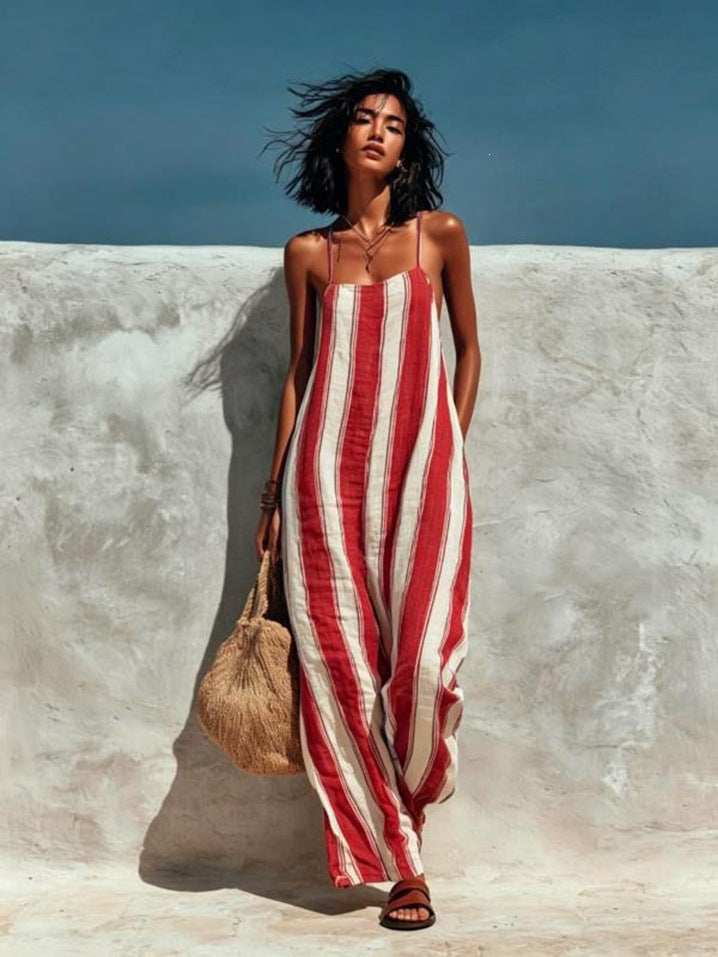 Women's Striped Wide-Leg Jumpsuit – Thin Strap Sleeveless