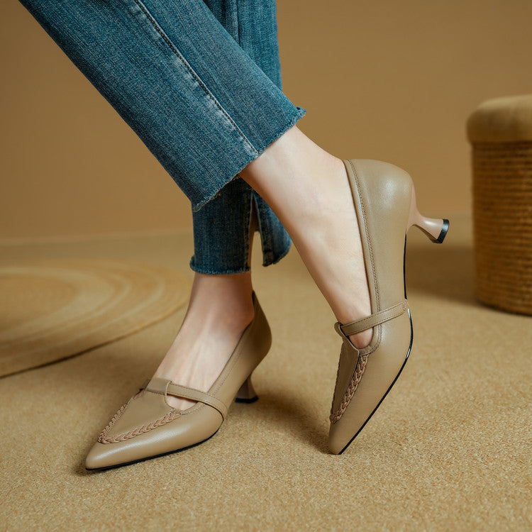 Women's Leather Pointed Toe Pumps – Braided Strap Kitten Heel