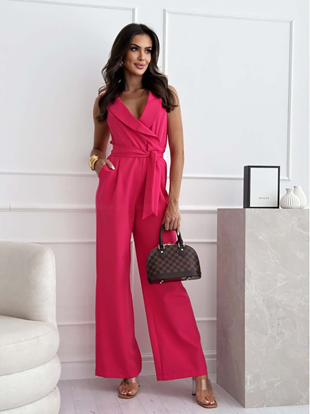 Women's Wrap Jumpsuit – Sleeveless Wide-Leg Cut