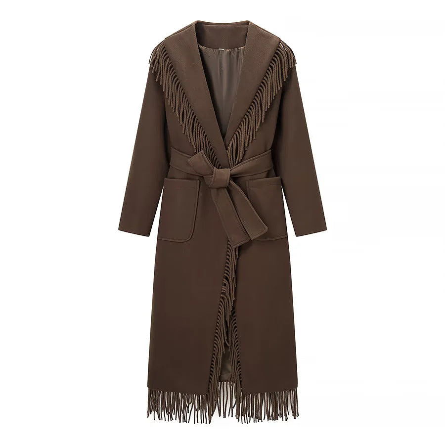Women's Fringed Coat – Shawl Collar Belted