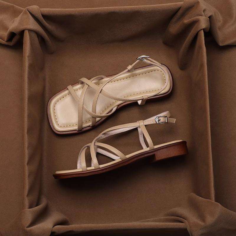 Women's Leather Strap Sandal – Low Stacked Heel