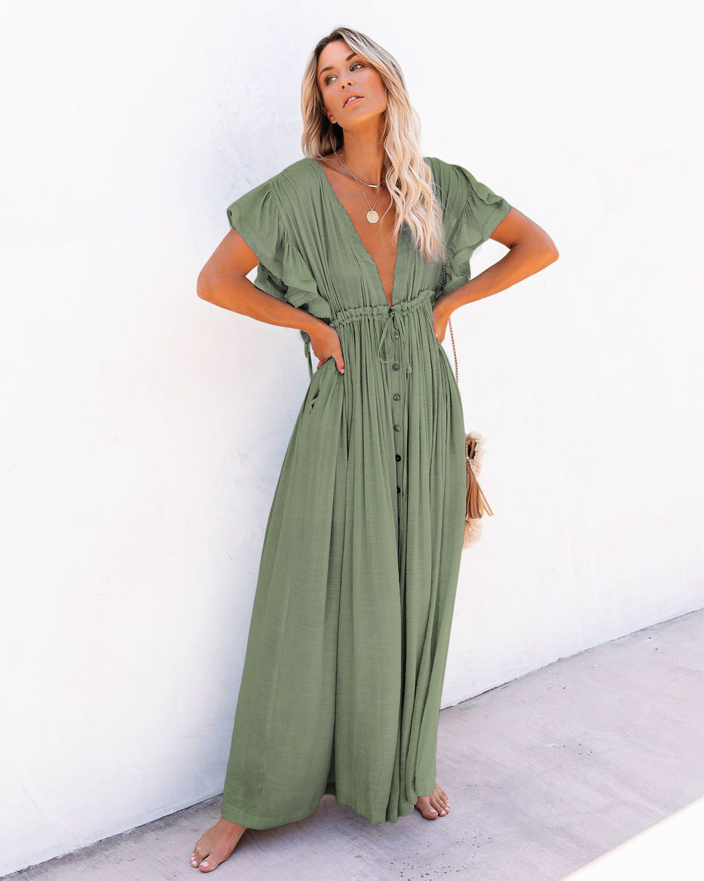 Women's Button-Front Maxi Dress – Drawstring Waist