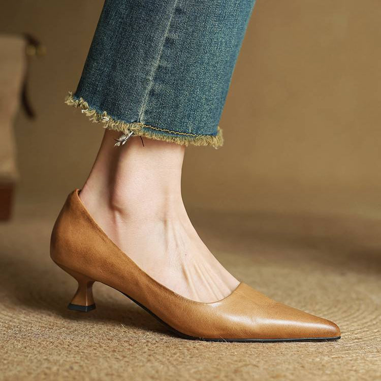 Women's Leather Kitten Heel Pumps – Pointed Toe