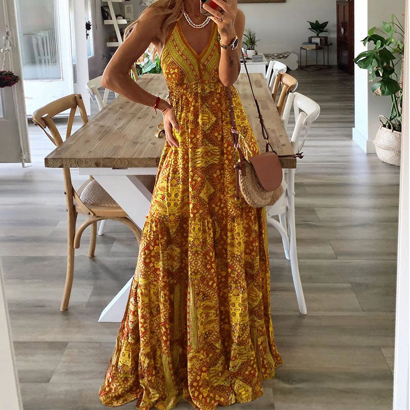 Women's V-Neck Maxi Dress – Flowing High-Waist Fit
