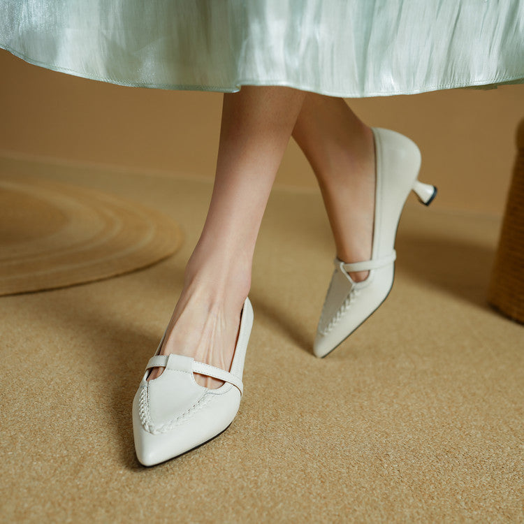 Women's Leather Pointed Toe Pumps – Braided Strap Kitten Heel
