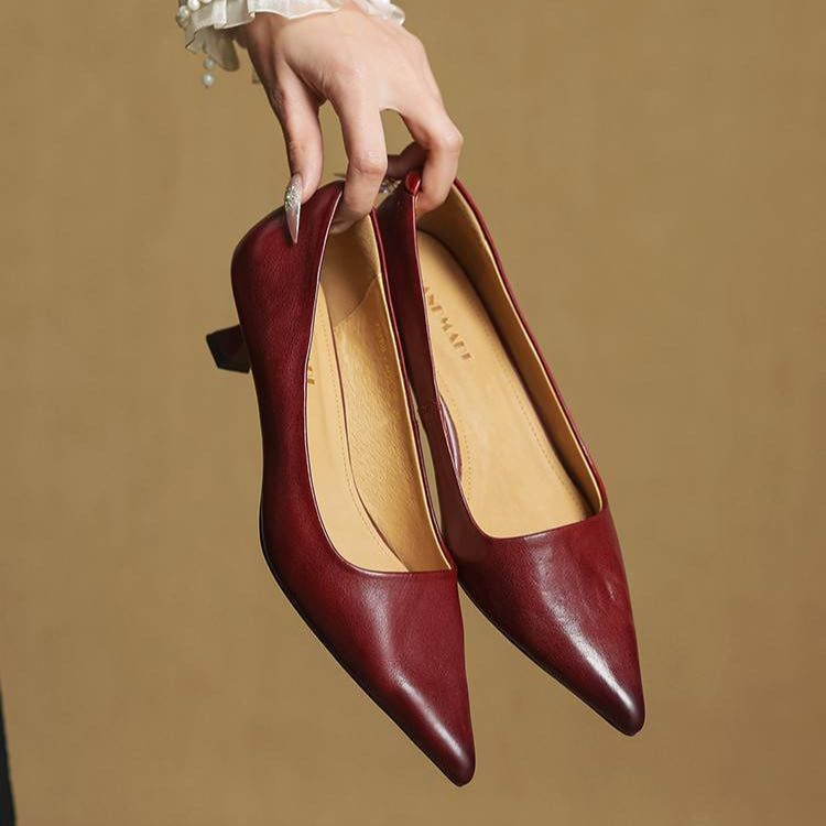 Women's Leather Kitten Heel Pumps – Pointed Toe
