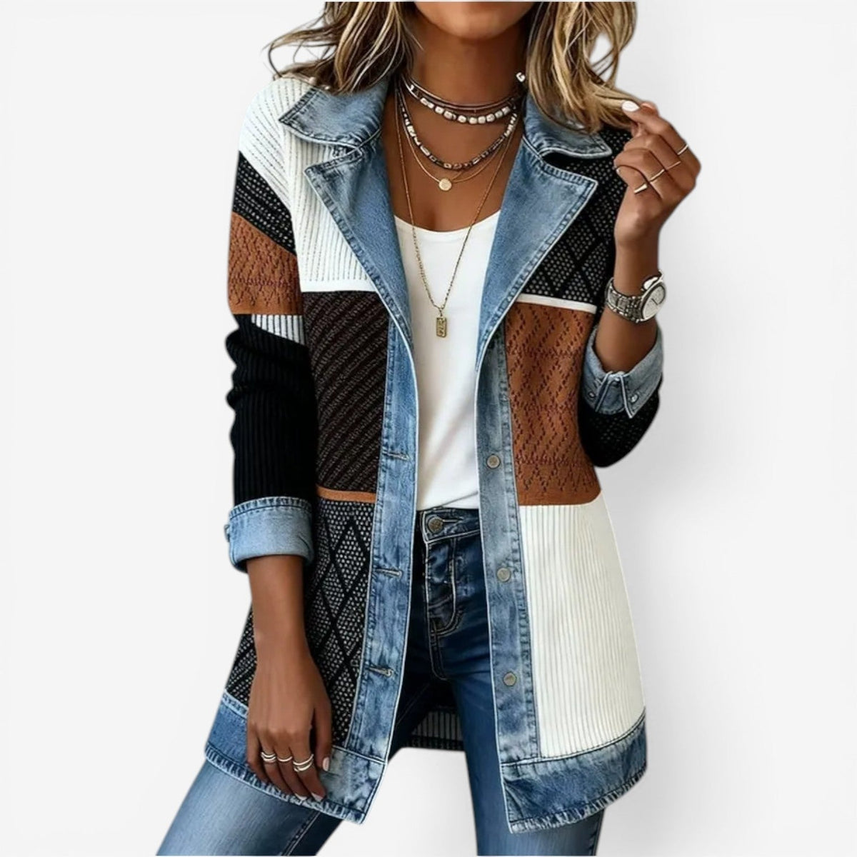 Women's Ribbed Knit Blazer – Denim Trim Longline