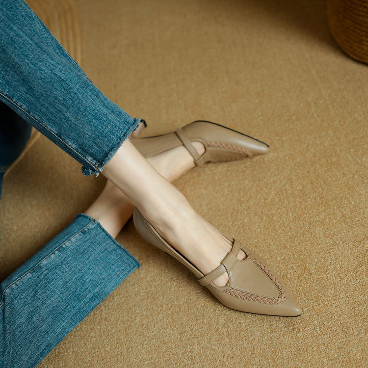 Women's Leather Pointed Toe Pumps – Braided Strap Kitten Heel