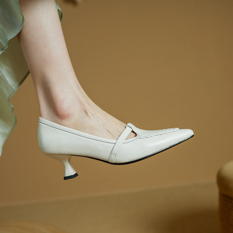 Women's Leather Pointed Toe Pumps – Braided Strap Kitten Heel