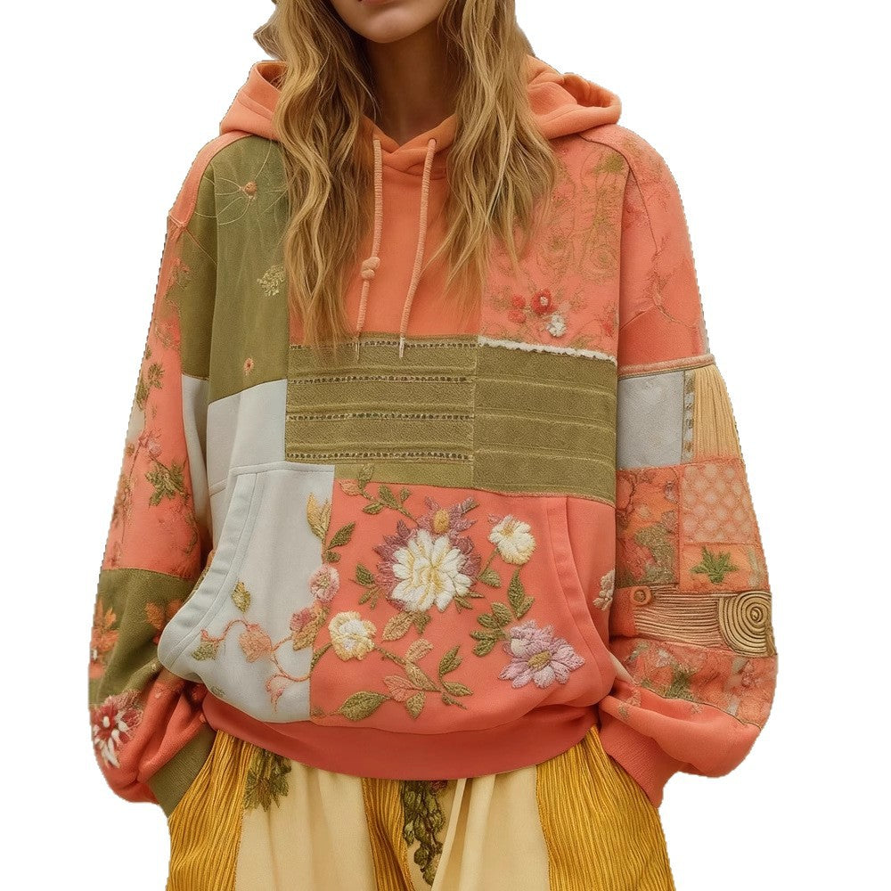 Women's Patchwork Hoodie – Floral Embroidered Appliqué