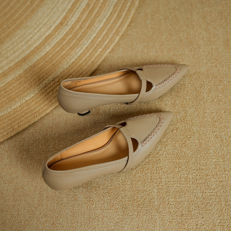 Women's Leather Pointed Toe Pumps – Braided Strap Kitten Heel