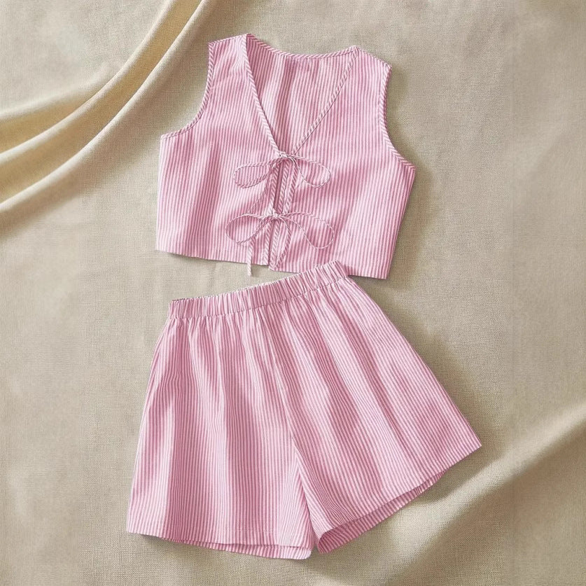 Women's Crop Top and Shorts Set – Tie-Front High-Waist