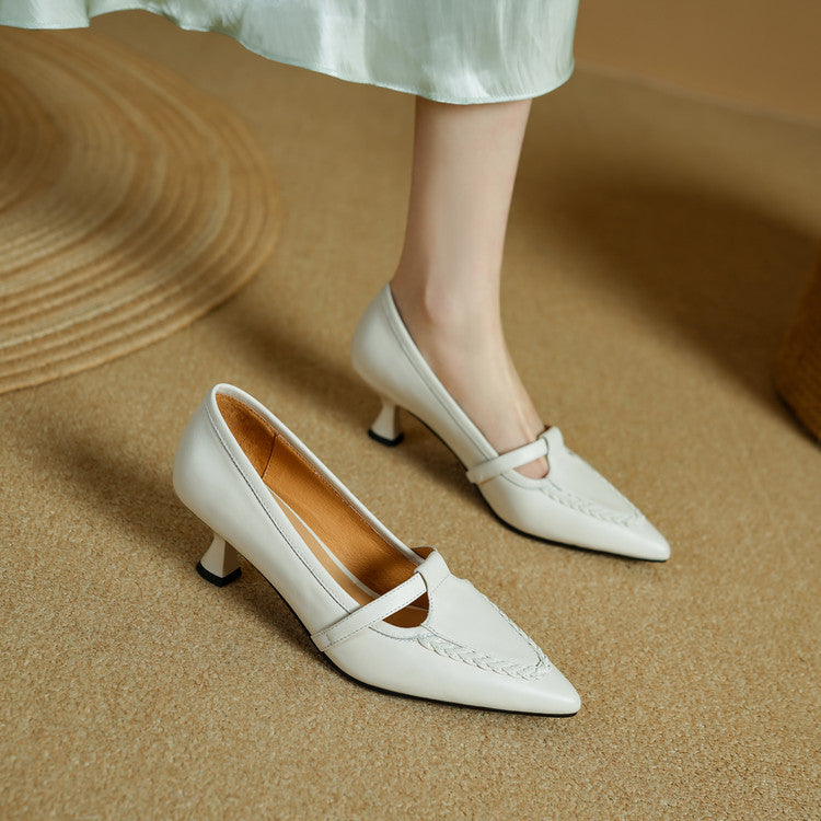 Women's Leather Pointed Toe Pumps – Braided Strap Kitten Heel