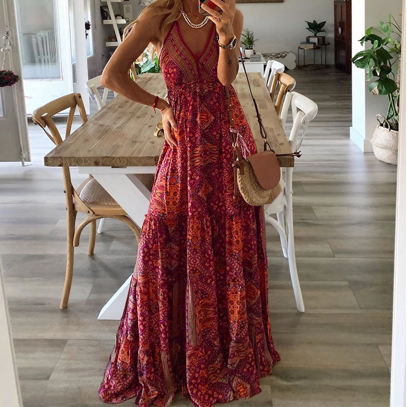 Women's V-Neck Maxi Dress – Flowing High-Waist Fit