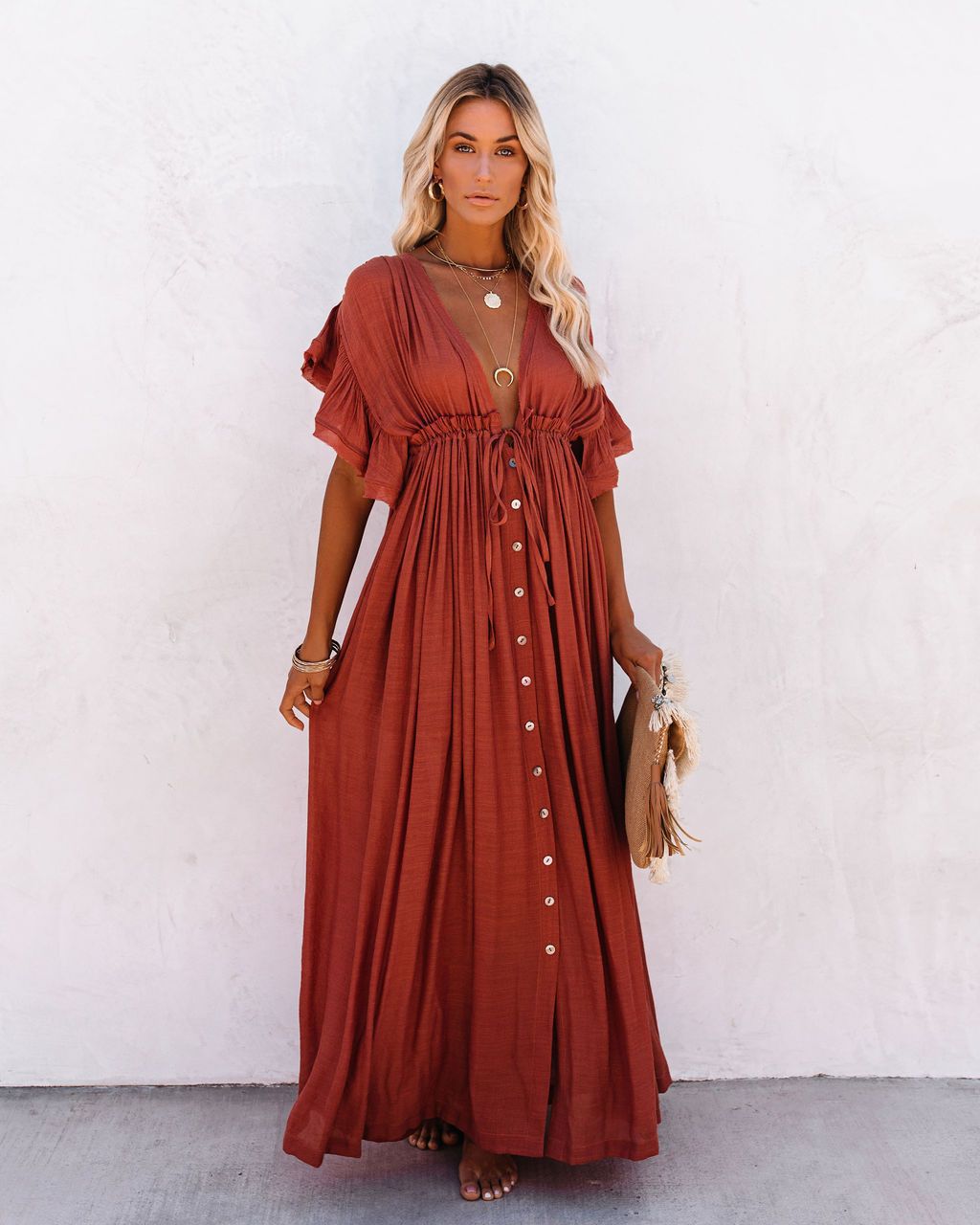 Women's Button-Front Maxi Dress – Drawstring Waist