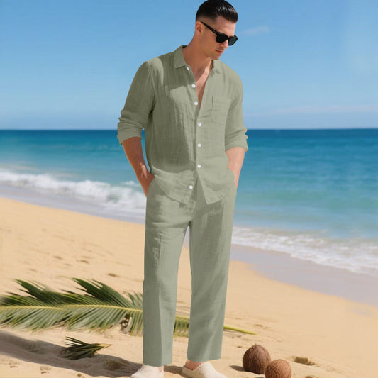Men's Linen Shirt and Pants Set – Open Collar Relaxed Fit
