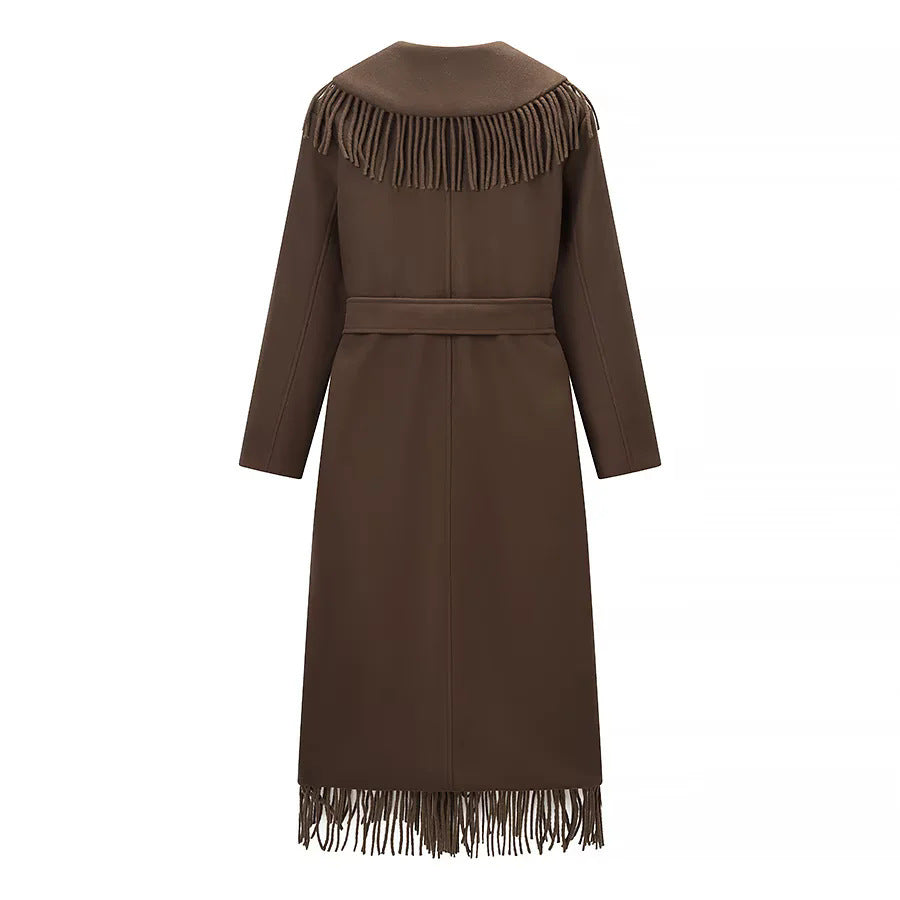Women's Fringed Coat – Shawl Collar Belted