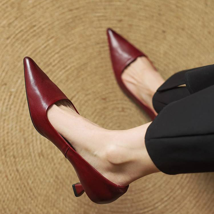 Women's Leather Kitten Heel Pumps – Pointed Toe