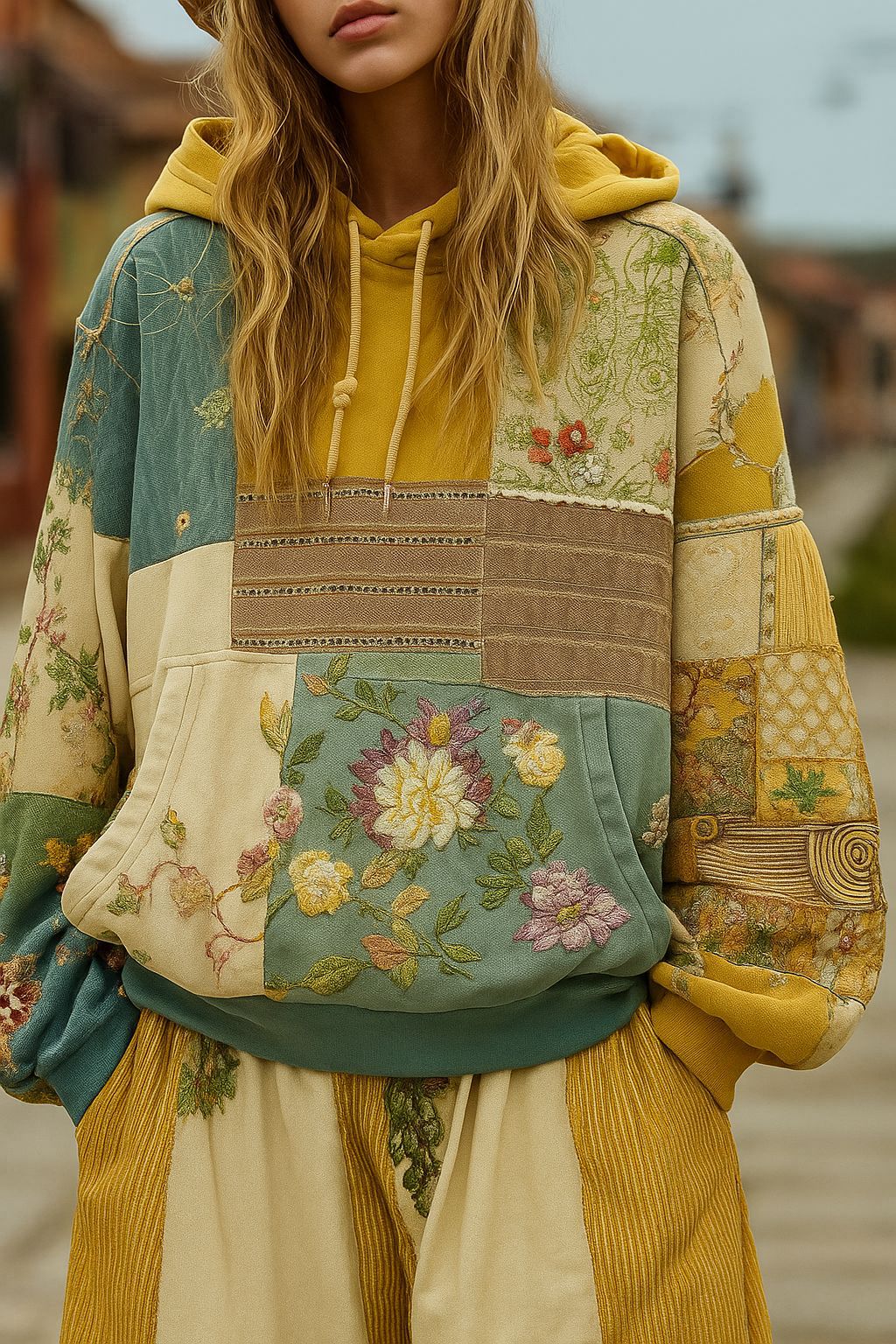 Women's Patchwork Hoodie – Floral Embroidered Appliqué