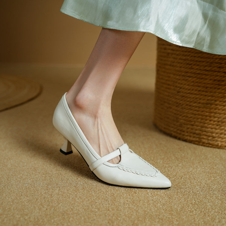 Women's Leather Pointed Toe Pumps – Braided Strap Kitten Heel