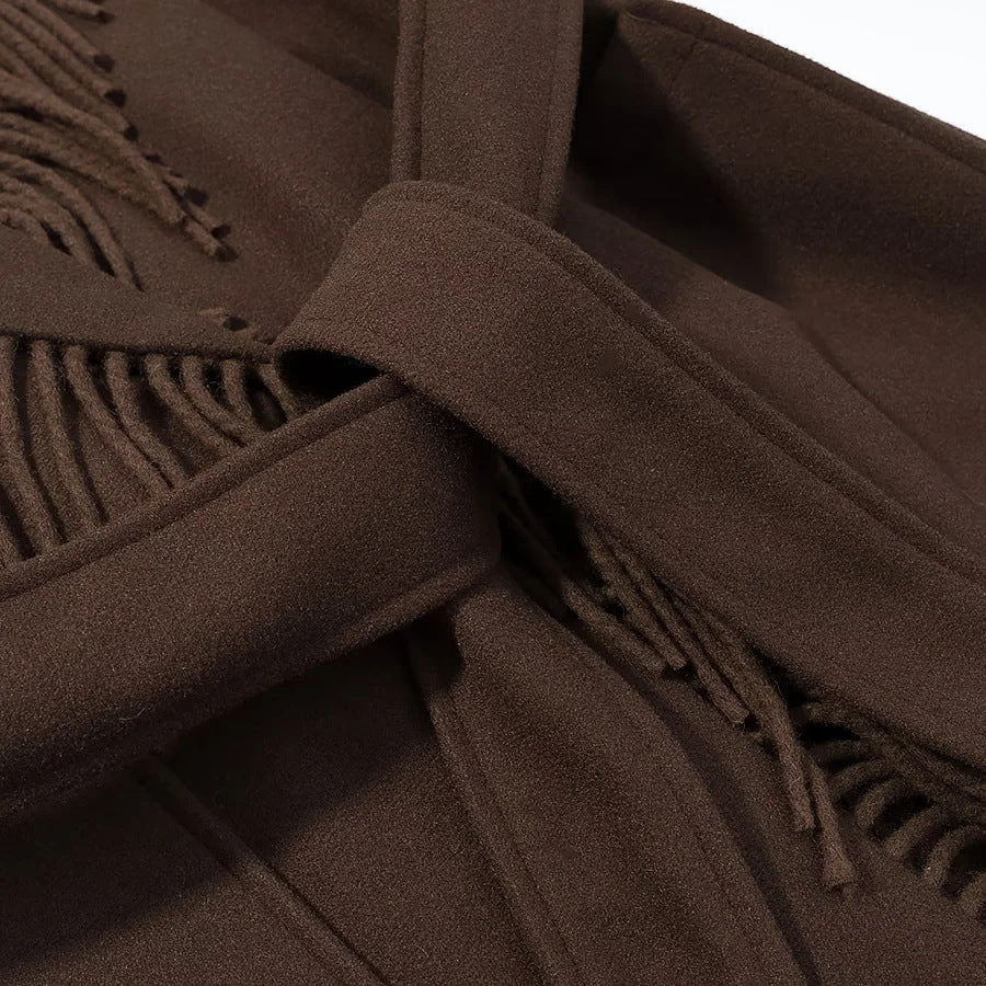 Women's Fringed Coat – Shawl Collar Belted