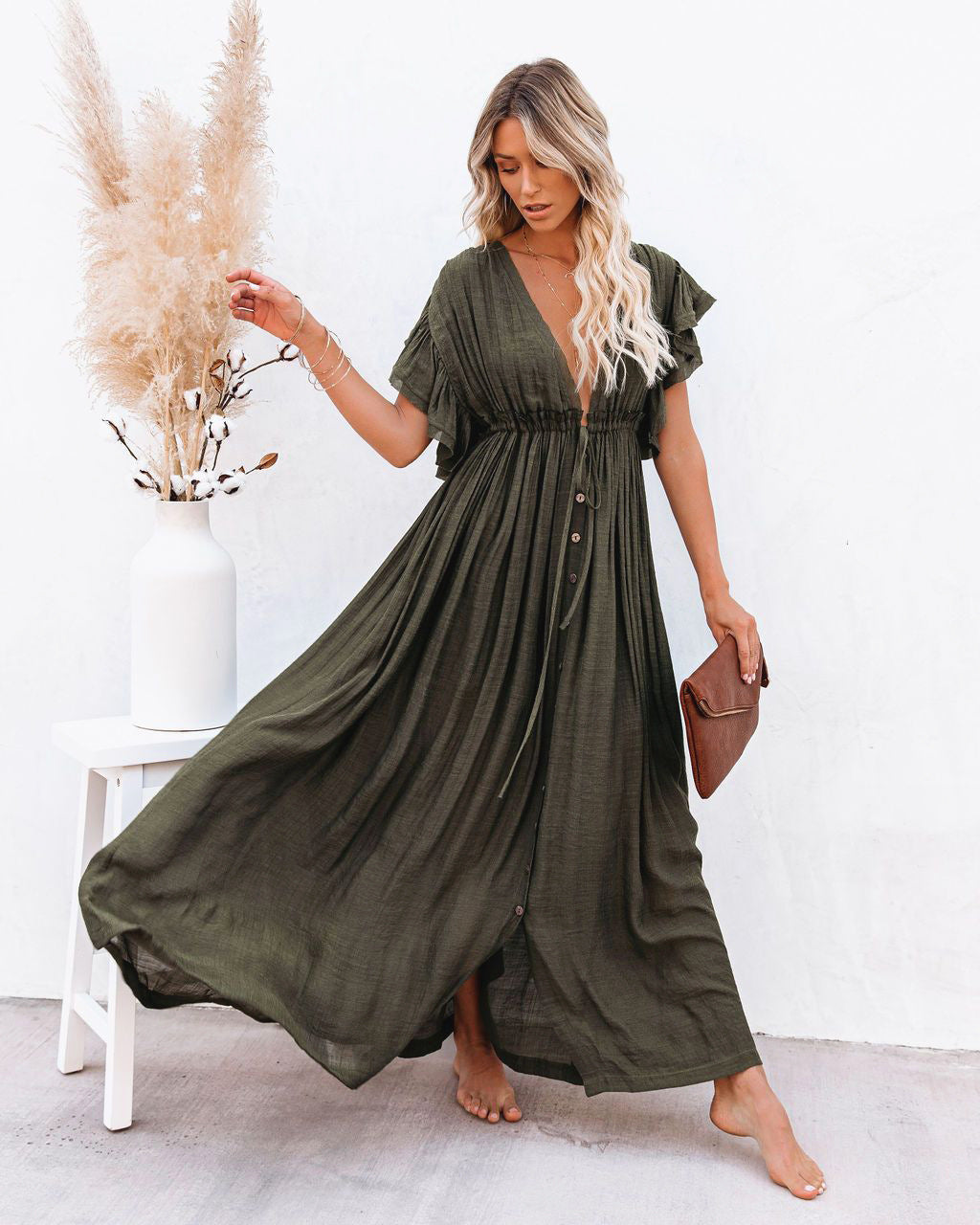 Women's Button-Front Maxi Dress – Drawstring Waist