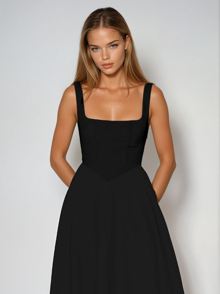 Women's Square-Neck Midi Dress – Sleeveless Flared Skirt