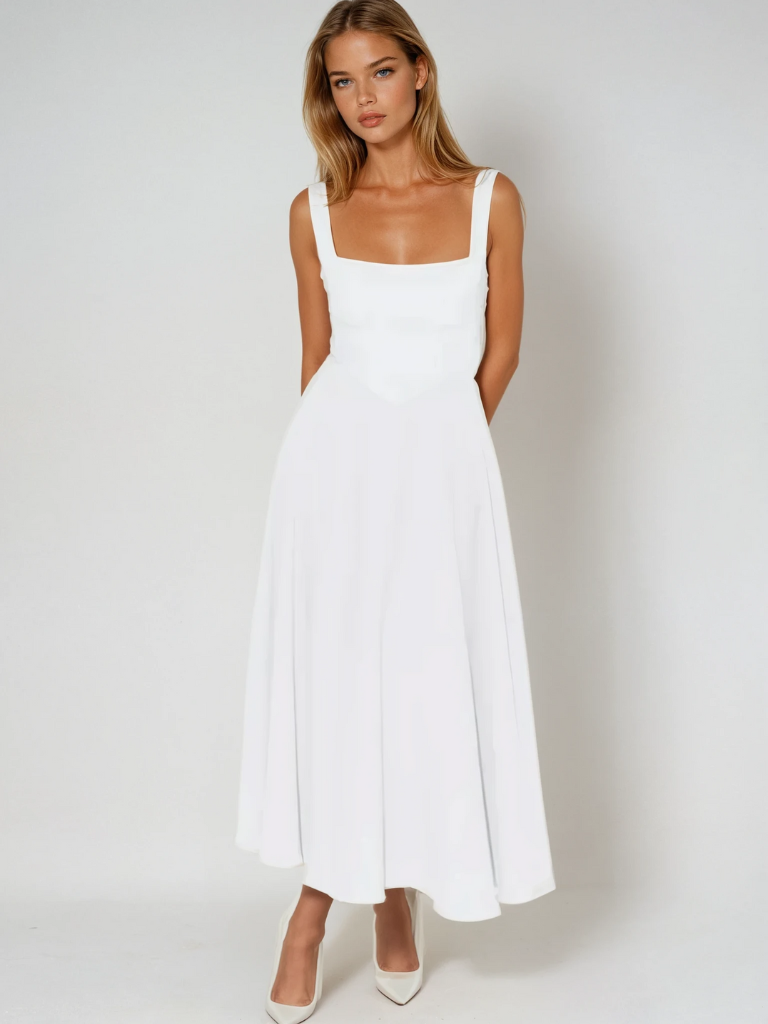 Women's Square-Neck Midi Dress – Sleeveless Flared Skirt