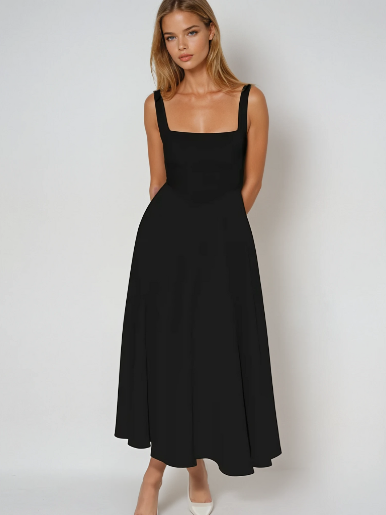Women's Square-Neck Midi Dress – Sleeveless Flared Skirt
