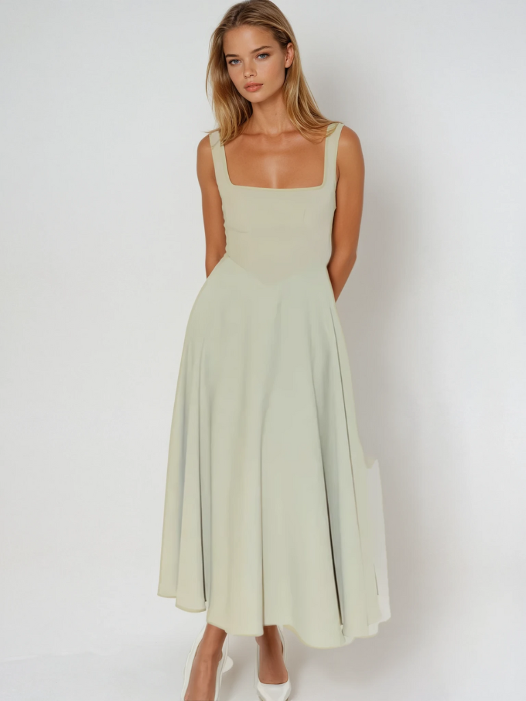Women's Square-Neck Midi Dress – Sleeveless Flared Skirt