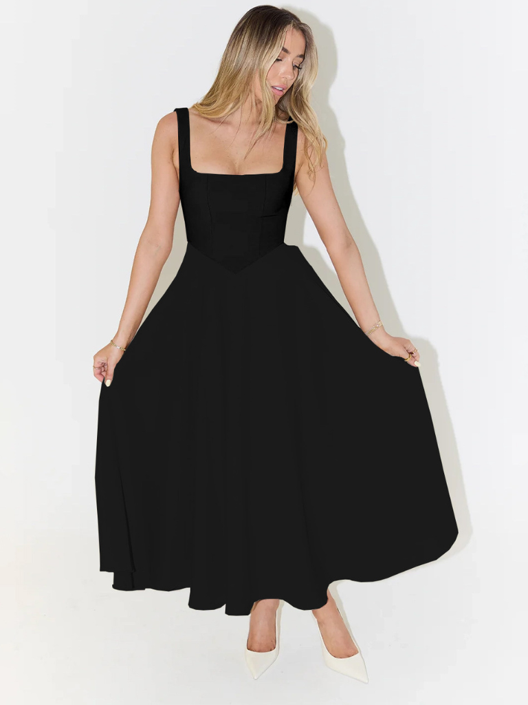 Women's Square-Neck Midi Dress – Sleeveless Flared Skirt