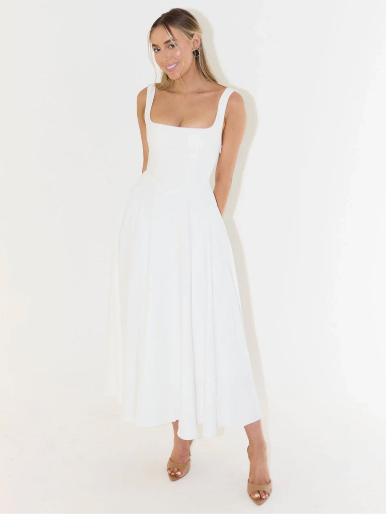 Women's Square-Neck Midi Dress – Sleeveless Flared Skirt