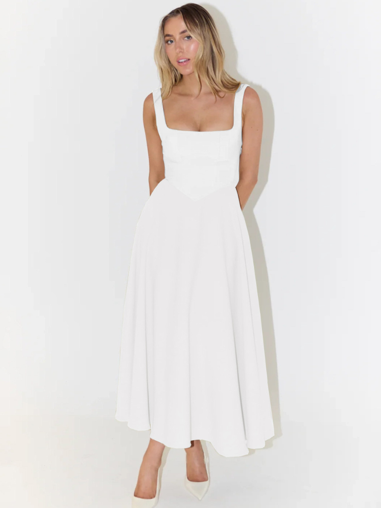 Women's Square-Neck Midi Dress – Sleeveless Flared Skirt