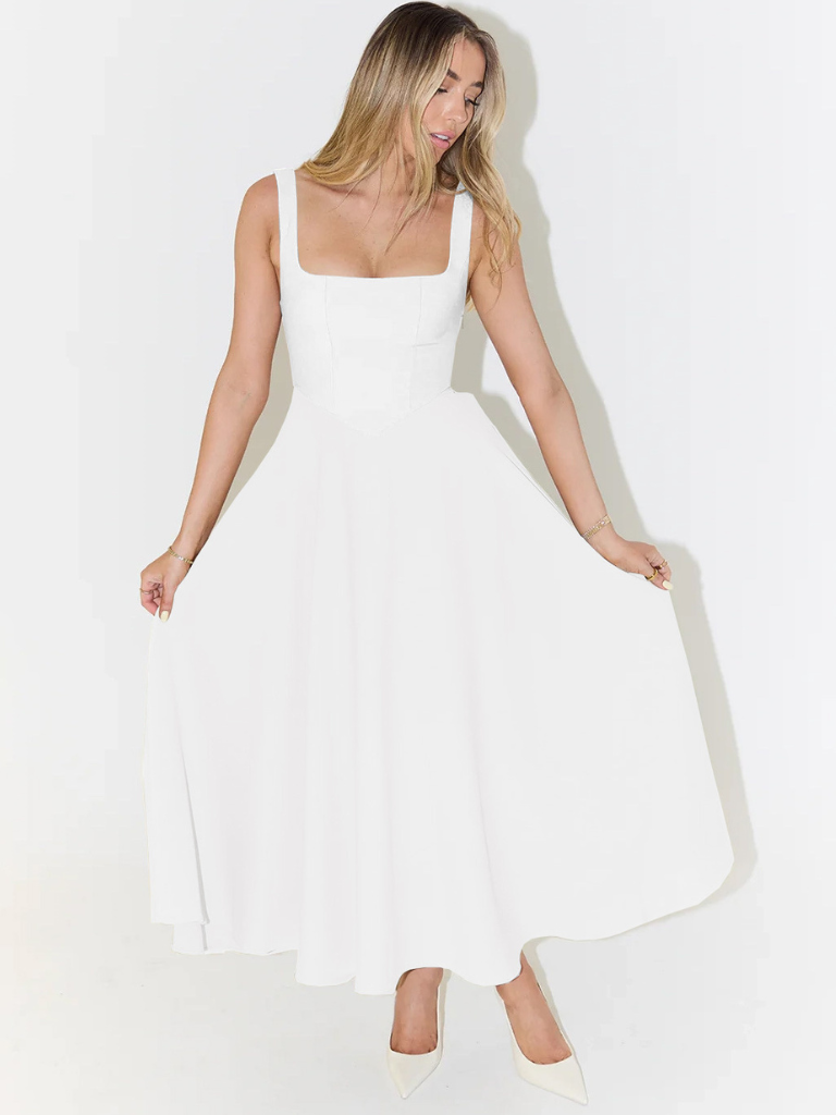 Women's Square-Neck Midi Dress – Sleeveless Flared Skirt