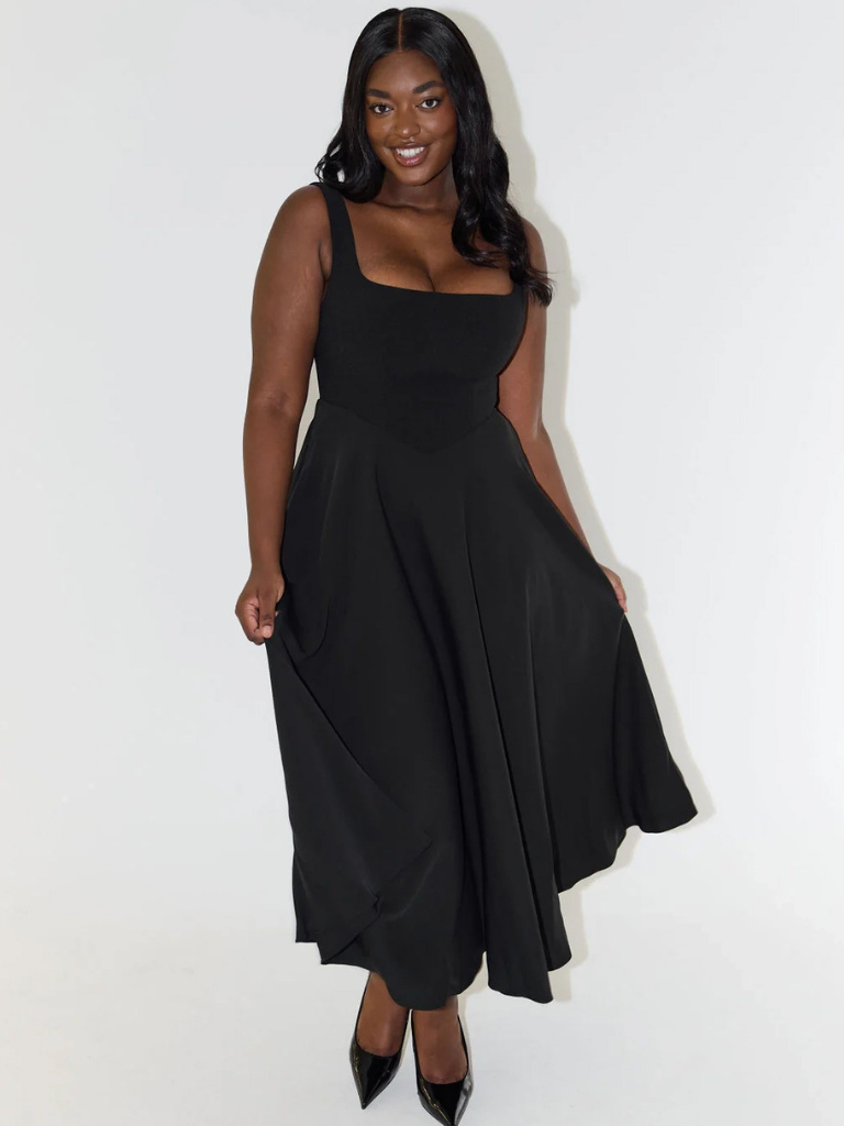 Women's Square-Neck Midi Dress – Sleeveless Flared Skirt