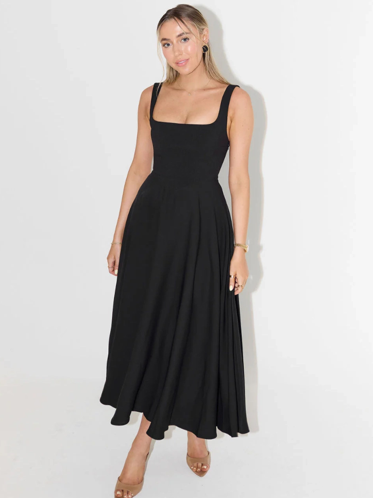 Women's Square-Neck Midi Dress – Sleeveless Flared Skirt