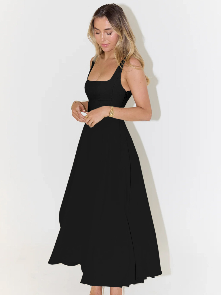 Women's Square-Neck Midi Dress – Sleeveless Flared Skirt