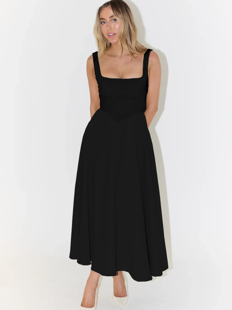 Women's Square-Neck Midi Dress – Sleeveless Flared Skirt